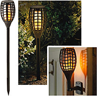 Solar Powered Flame Effect Garden Torch - Weatherproof Garden LED Wall Mounted or Freestanding Light with Stake & Wall Bracket