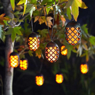 Solar Powered Flame Effect LED Lantern String Lights - Outdoor Garden Trellis, Parasol, Patio, Decking, Fence, Wall Decoration