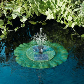 Solar Powered Floating Lily Fountain - Green Lilypad Style Modern Outdoor Garden Pond Water Feature with 3 Heads - 29cm Diameter