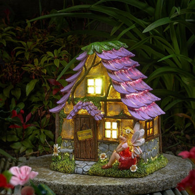 Solar Powered Flower Lodge Fairy House Hand Painted Indoor