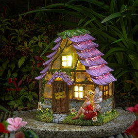 Solar Powered Flower Lodge Fairy House - Hand Painted Indoor Outdoor Home Garden Novelty Ornament with 2 LED Lighting Effects