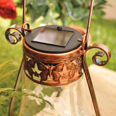 Solar Powered Lantern with Fairy Lights - Freestanding or Hanging Garden Lighting Ornament with Butterfly Pattern - H32 x 15cm Dia