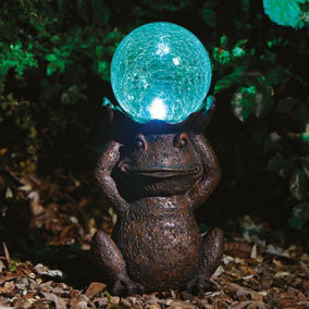 Solar Powered LED Frog Garden Ornament - Hand Painted Polyresin Sculpture with Light Up Crackle Glass Ball - H38 x W21 x D15cm