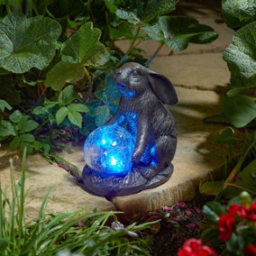 Solar Powered LED Hare Garden Ornament - Hand Painted Polyresin Sculpture with Light Up Crackle Ball - H18.5 x W16.5 x D10.5cm