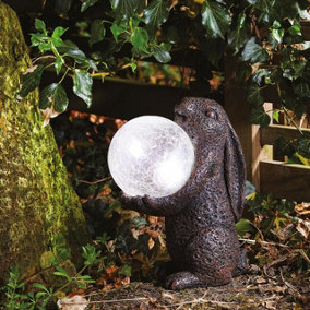 Solar Powered LED Hare Garden Ornament - Hand Painted Polyresin Sculpture with Light Up Crackle Glass Ball - H33 x W15 x D25cm