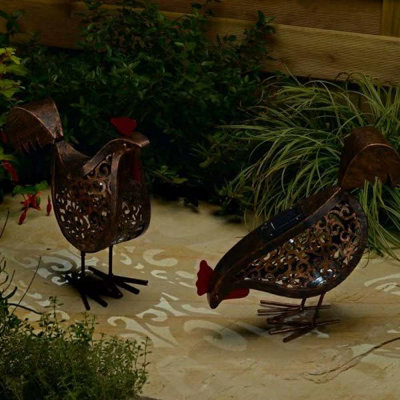 Solar Powered LED Hens Lights Metal Garden Animal Sculptures