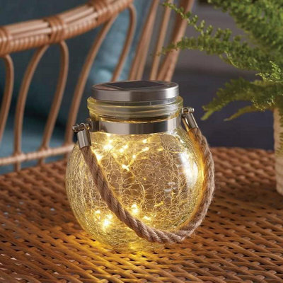 Solar Powered LED Lantern Jar - Crackle Globe Effect Garden Decoration