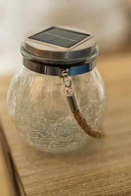 Solar Powered LED Lantern Jar - Crackle Globe Effect Garden Decoration