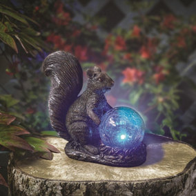 Solar Powered LED Squirrel Garden Ornament - Hand Painted Polyresin Sculpture with Light Up Crackle Ball - H18.5 x W19.5 x D9cm