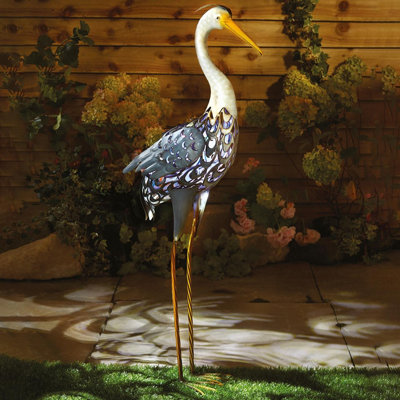 Solar Powered Metal Silhouette Heron - LED Light Up Outdoor Ornament for Garden Pond, Patio, Decking - H78.5 x W32 x D14cm