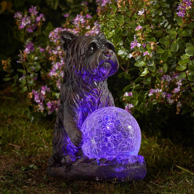 Solar Powered Mystic Dog Garden Ornament - Hand Painted Sculpture with Light Up LED Crackle Glass Ball - H19.5 x W10 x D15.5cm