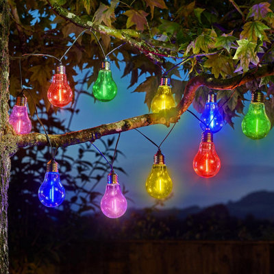 Solar Powered Neon-Esque Lightbulb String Lights - Weatherproof Outdoor Garden Multicolour LED Fairy Lighting with 10 Light Bulbs