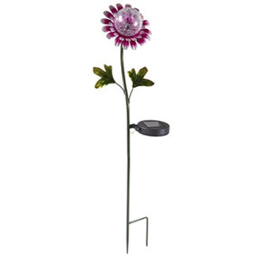 Solar Powered Pink Daisy Design Globe Stake Light - Flower Shaped Metal & Glass Outdoor Garden Lighting Ornament - Measures H74cm