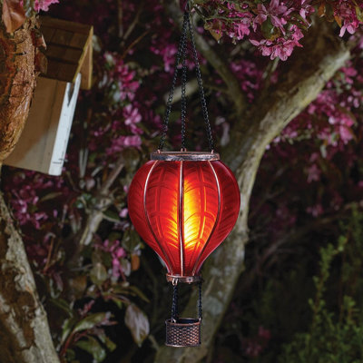 Solar Powered Red Fiesta Flaming Balloon Lantern - Weatherproof Outdoor Garden Hanging Flame Effect LED Light