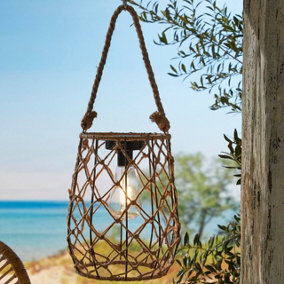 Solar Powered Sardengna Natural Rope Lantern - Weatherproof Freestanding or Hanging Outdoor Garden LED Lamp Light - H21 x 17.5cm