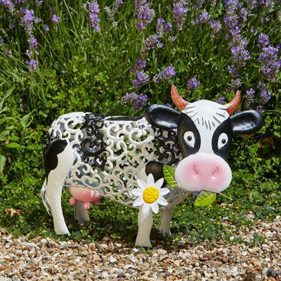 Solar Powered Silhouette Daisy Cow - Outdoor Garden Handmade Ornament with Scroll Effect Cut Out & LED Light - H26 x W38 x D24cm