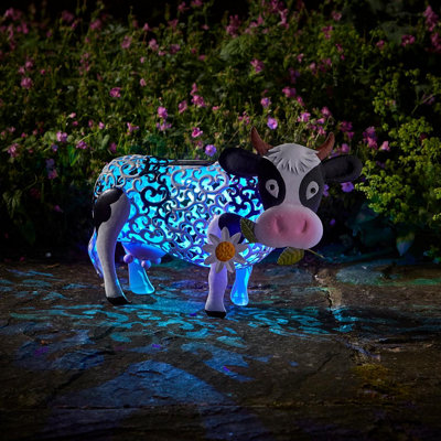 Solar Powered Silhouette Daisy Cow - Outdoor Garden Handmade Ornament with Scroll Effect Cut Out & LED Light - H26 x W38 x D24cm