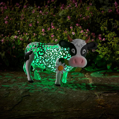 Solar Powered Silhouette Daisy Cow - Outdoor Garden Handmade Ornament with Scroll Effect Cut Out & LED Light - H26 x W38 x D24cm