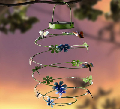 Solar Powered Spiral Light with Butterflies - Hanging Garden Lantern Lighting with Butterfly & Dragonfly Decoration - 43 x 21cm