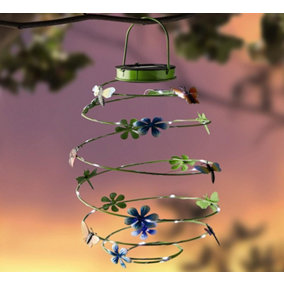 Solar Powered Spiral Light with Butterflies - Hanging Garden Lantern Lighting with Butterfly & Dragonfly Decoration - 43 x 21cm