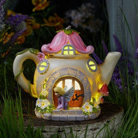 Solar Powered Teapot Shaped Fairy House - Weatherproof Hand Painted Home Garden Novelty Ornament with 2 LED Lighting Effects