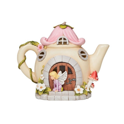 Solar Powered Teapot Shaped Fairy House - Weatherproof Hand Painted Home Garden Novelty Ornament with 2 LED Lighting Effects