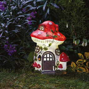 Solar Powered Toadstool House Light Up Ornament - Weatherproof Hand Painted Outdoor Garden LED Decoration - H27 x W20 x D17cm