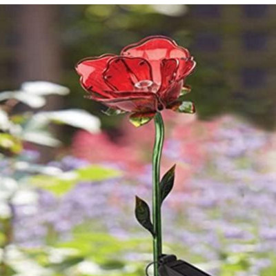 Solar Rose Stake Light Garden Ornament Large Outdoor Decor LED Lamp Flower Glass