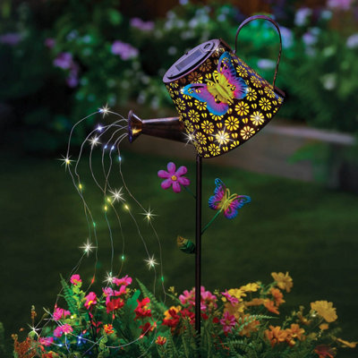 Solar Stake Light - Multi-coloured Solar Watering Can - Cut Out Flowers Design with Butterfly Motif - H95cm
