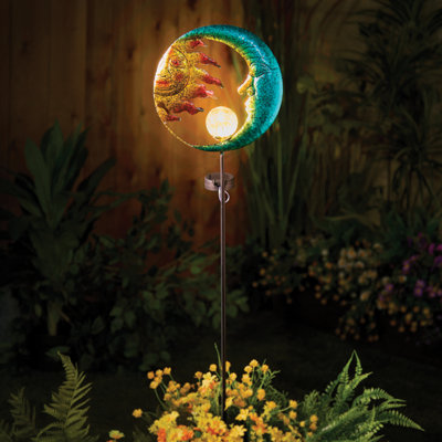 Solar Stake Light with Sun & Moon Design - Crackled Glass Globe for Zen Garden Atmosphere