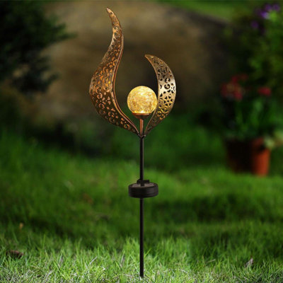 Solar Torch Lantern for Outdoor Landscape Decor - Crackle Glass Globe Stake Metal Lamp for Patio Lawn Pathway (Warm White) - 3