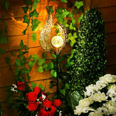 Solar Torch Lantern for Outdoor Landscape Decor - Crackle Glass Globe Stake Metal Lamp for Patio Lawn Pathway (Warm White) - 6