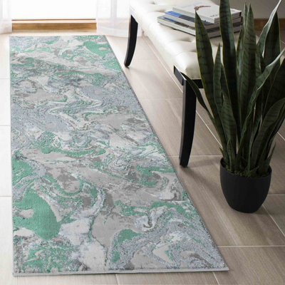 Solarius Modern Grunge Marbling Abstract Area Rugs Aqua 60x220 cm