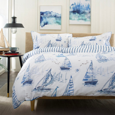 Solent Maritime Print 100% Cotton Duvet Cover Set, Nautical Bedding with Piped Edges, Soft & Breathable