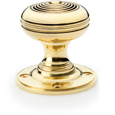 SOLID BRASS Classic Ringed Mortice Door Knob - Polished Brass 50mm Diameter