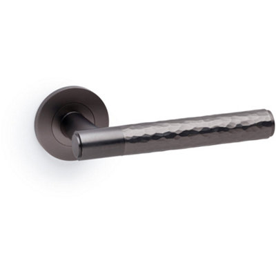 SOLID BRASS Hammered Door Handle Set - Dark Bronze Straight Lever On Round Rose
