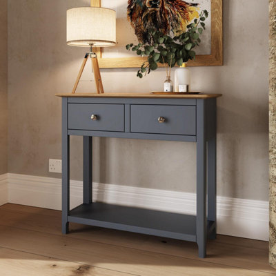 Solid Oak 2 Drawer Console Table Graphite Blue Large Oak Top Painted Finish