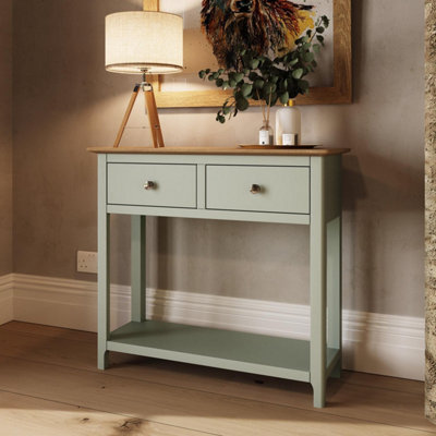 Solid Oak 2 Drawer Console Table Sage Green Large Oak Top Painted Finish