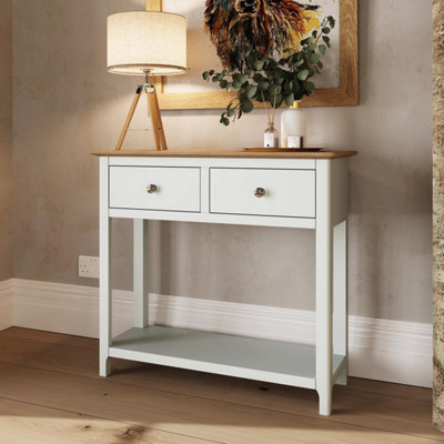 Solid Oak 2 Drawer Console Table White Linen Large Oak Top Painted Finish