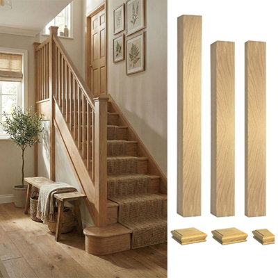 Solid Oak Complete 90mm Square Newel Post Kit Inc Cap's UK Manufactured ...
