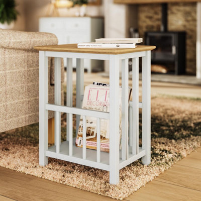 Solid Oak Magazine Rack Table Cream Linen Ready Assembled