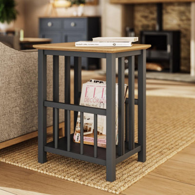 Solid Oak Magazine Rack Table Graphite Blue Ready Assembled