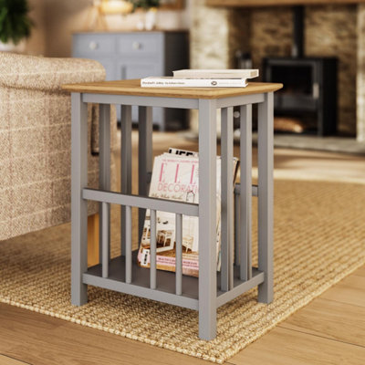 Solid Oak Magazine Rack Table Grey Ready Assembled