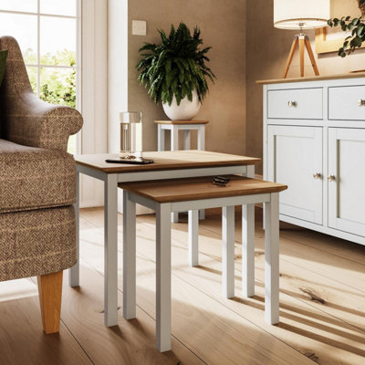 Solid Oak Nest Of 2 Tables Cream Linen Ready Assembled
