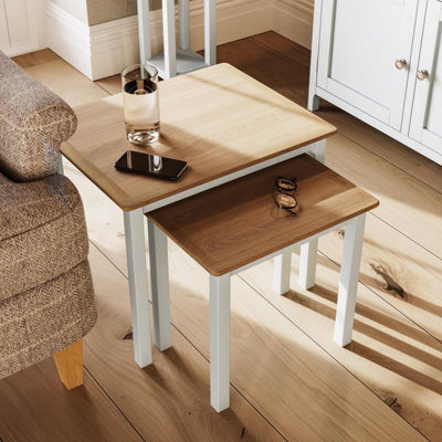 Solid Oak Nest Of 2 Tables Cream Linen Ready Assembled