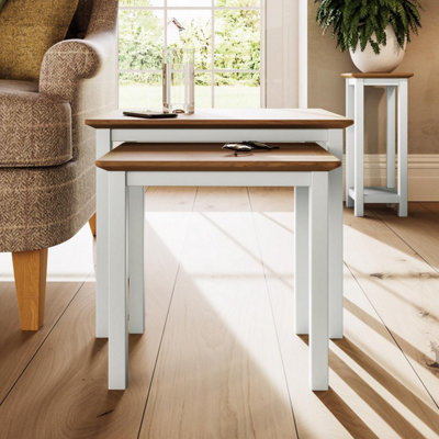 Solid Oak Nest Of 2 Tables Cream Linen Ready Assembled