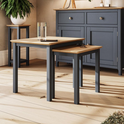 Solid Oak Nest Of 2 Tables Graphite Blue Ready Assembled