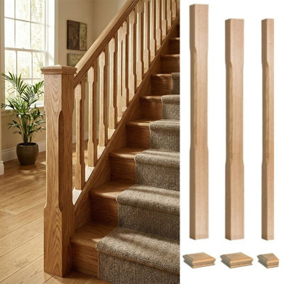 Solid Oak Newel Post Stop Chamfer 90mm Kit UK Manufactured Traditional ...