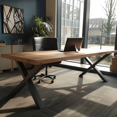 Solid Oak Office Desk with Pop-Up Socket - Chunky X Legs