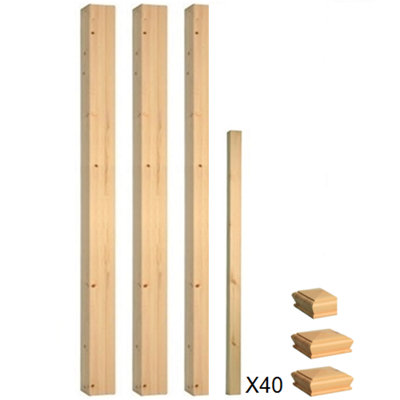 Solid Pine Complete 90mm Square Newel Post and 41mm Spindle Kit UK Manufactured Traditional Products Ltd